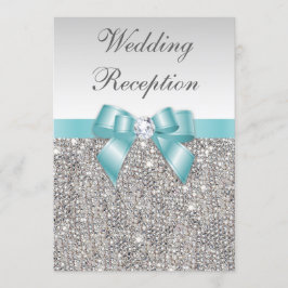 Invitación Faux Silver Secuins Verde azulado Bow Wedding Rece