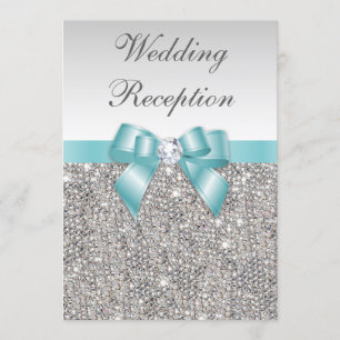 Invitación Faux Silver Secuins Verde azulado Bow Wedding Rece