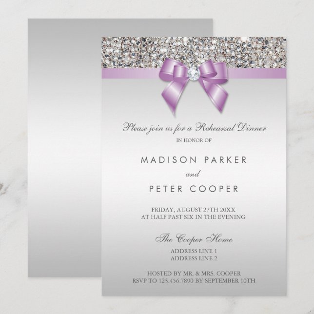 Invitación Faux Silver Sequines Lilac Bow Ensayo Cena (Anverso / Reverso)