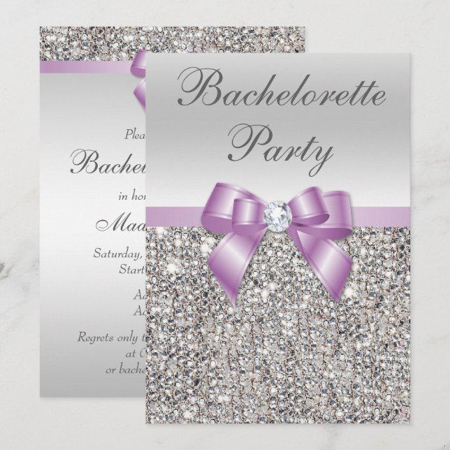 Invitación Faux Silver Sequings Lilac Bow Bachelorette Party (Anverso / Reverso)