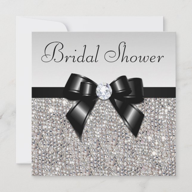 Invitación Faux Silver Sequins Moda Black Bow Bridal Shower (Anverso)