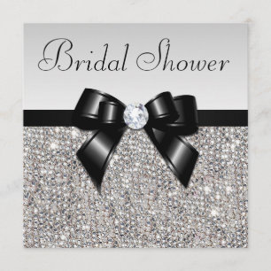 Invitación Faux Silver Sequins Moda Black Bow Bridal Shower