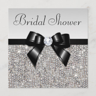 Invitación Faux Silver Sequins Moda Black Bow Bridal Shower
