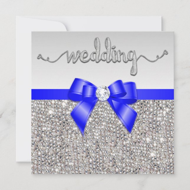 Invitación Faux Silver Sequins Royal Blue Bow Boda (Anverso)