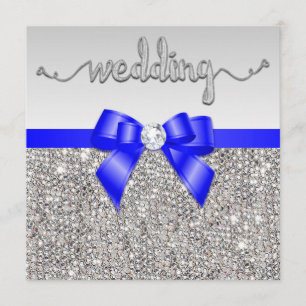 Invitación Faux Silver Sequins Royal Blue Bow Boda