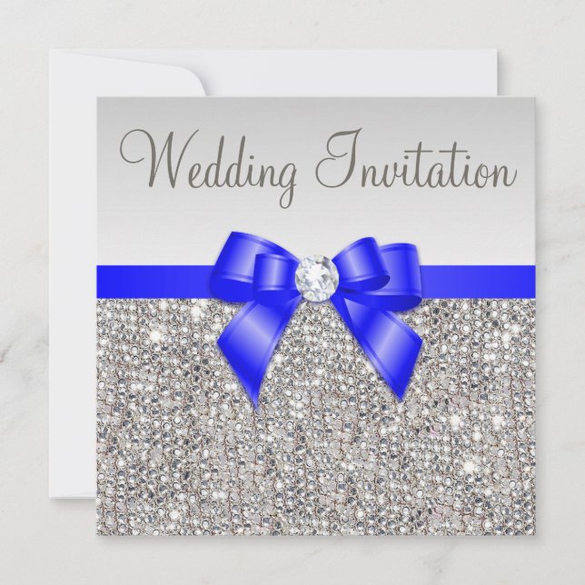 Invitación Faux Silver Sequins Royal Blue Bow Boda (Anverso)