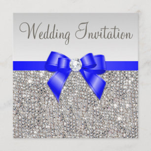 Invitación Faux Silver Sequins Royal Blue Bow Boda