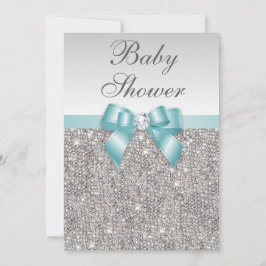 Invitación Faux Silver Sequins Verde azulada Blue Baby Shower