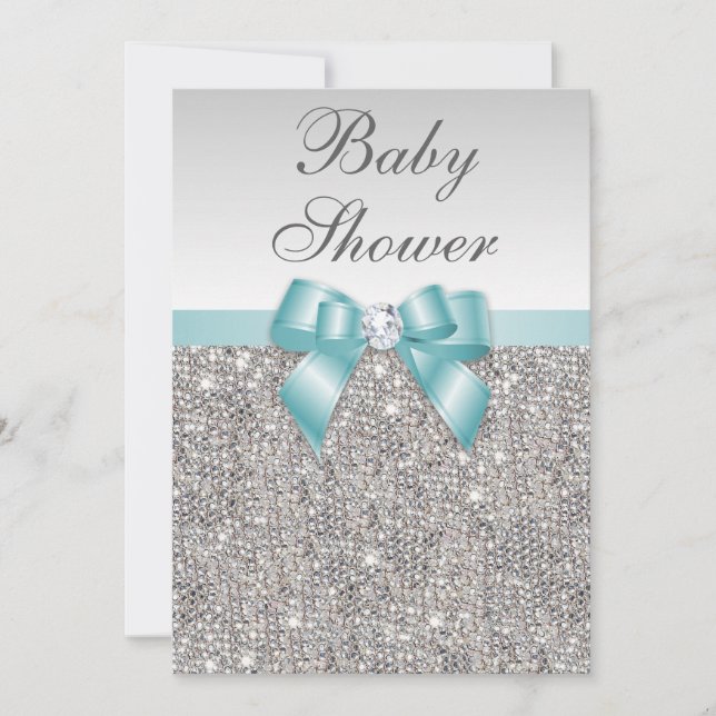 Invitación Faux Silver Sequins Verde azulada Blue Baby Shower (Anverso)