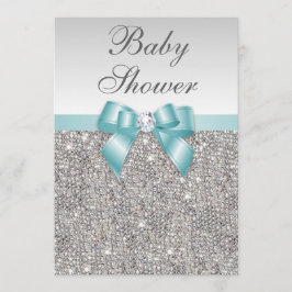 Invitación Faux Silver Sequins Verde azulada Blue Baby Shower