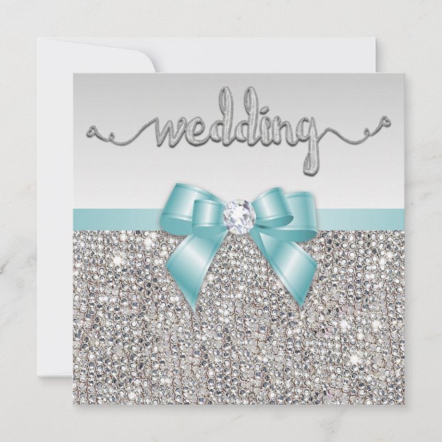 Invitación Faux Silver Sequins Verde azulado Blue Bow Boda (Anverso)