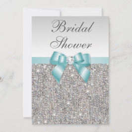 Invitación Faux Silver Sequins Verde azulado Blue Bridal Show