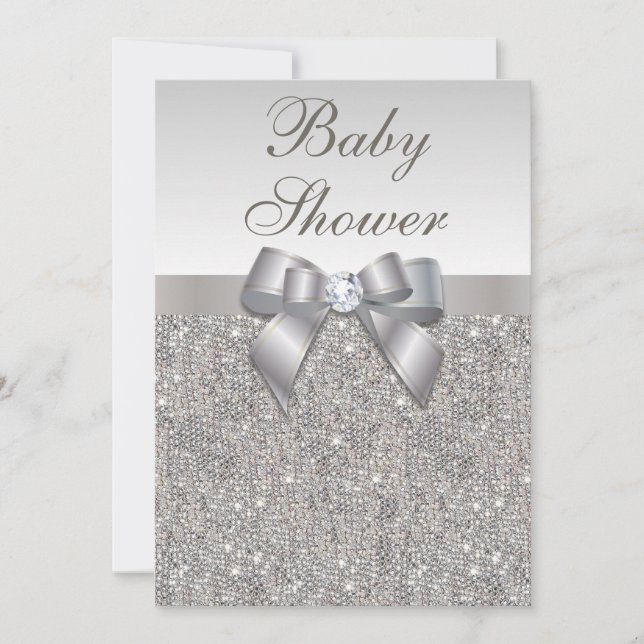 Invitación Faux Silver Sequins y Bow Neutral Baby Shower (Anverso)