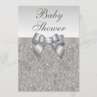 Invitación Faux Silver Sequins y Bow Neutral Baby Shower