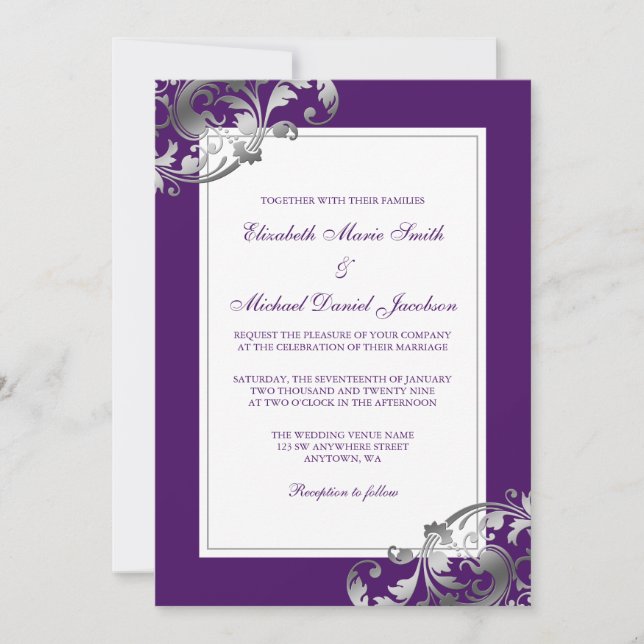 Invitación Faux Silver y Purple Flourirls Boda (Anverso)