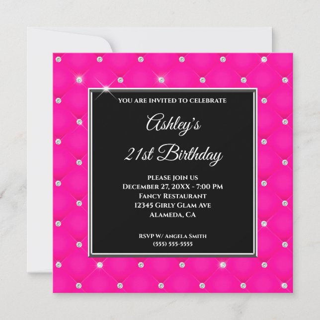 Invitación Faux Sparkly Diamond Tufted Hot Pink 21st Birthday (Anverso)