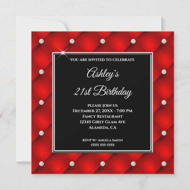 Invitación Faux Sparkly Diamond Tufted Red 21st Birthday (Anverso)