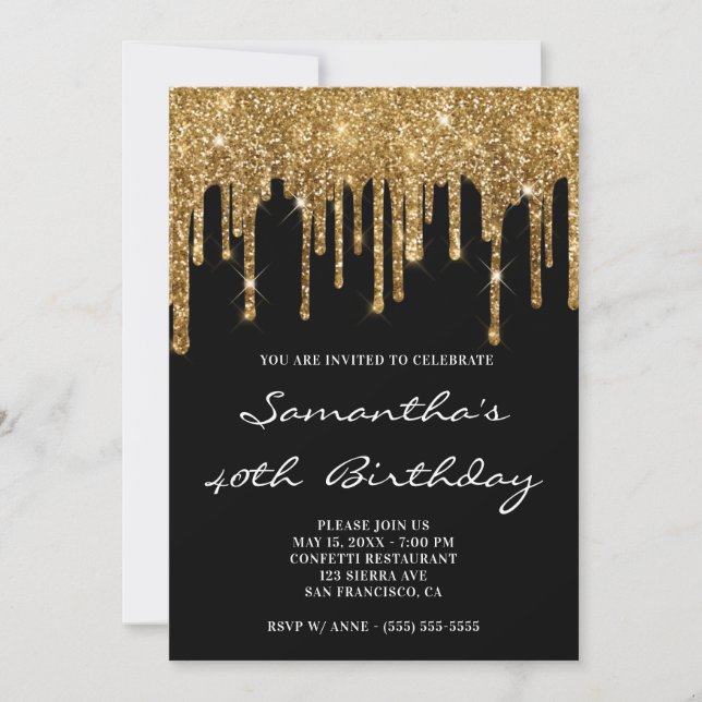 Invitación Faux Sparkly Gold Purpurina Drin Black Birthday (Anverso)