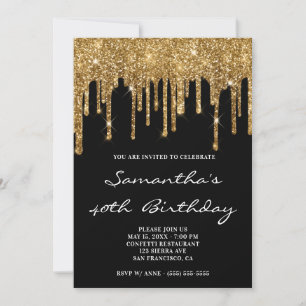Invitación Faux Sparkly Gold Purpurina Drin Black Birthday