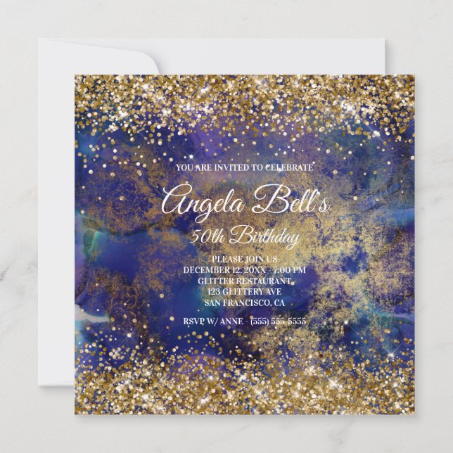 Invitación Faux Sparkly Gold Purpurina Indigo Marble Monogram (Reverso)