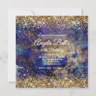 Invitación Faux Sparkly Gold Purpurina Indigo Marble Monogram
