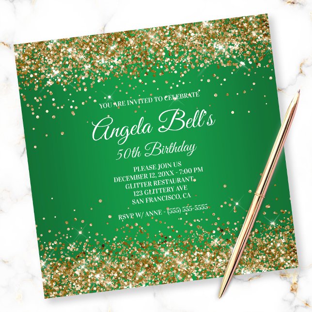 Invitación Faux Sparkly Gold Purpurina Monograma Green Ombre (Subido por el creador)