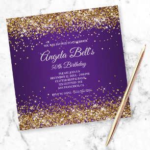 Invitación Faux Sparkly Gold Purpurina Royal Purple Ombre