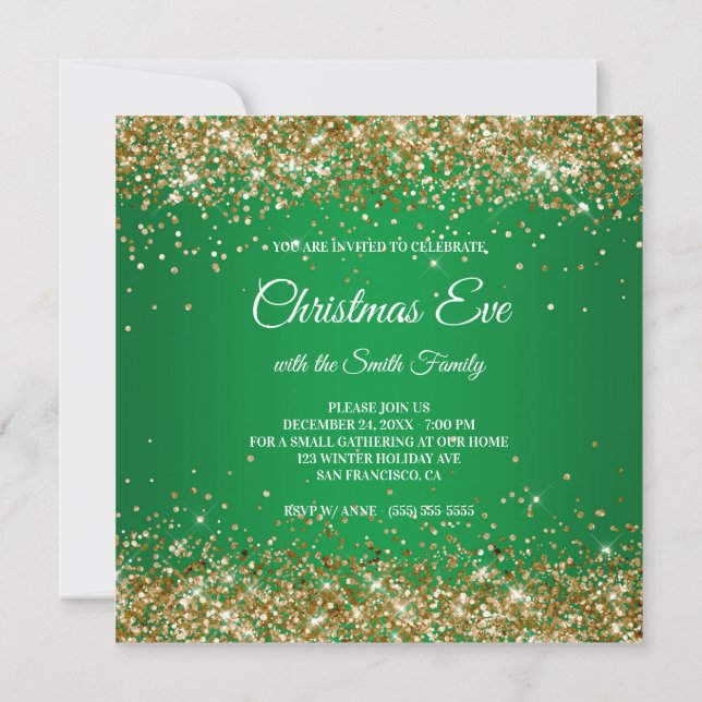 Invitación Faux Sparkly Gold Purpurinas Navidades Green (Reverso)
