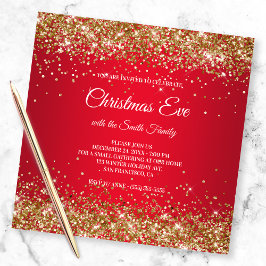 Invitación Faux Sparkly Gold Purpurinas Navidades Red