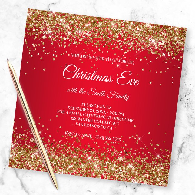 Invitación Faux Sparkly Gold Purpurinas Navidades Red (Subido por el creador)
