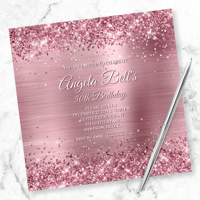 Invitación Faux Sparkly Pink Glitter and Brushed Foil (Subido por el creador)
