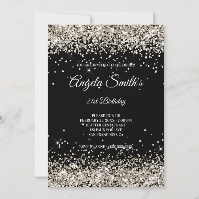 Invitación Faux Sparkly Platinum Purpurina Black (Anverso)