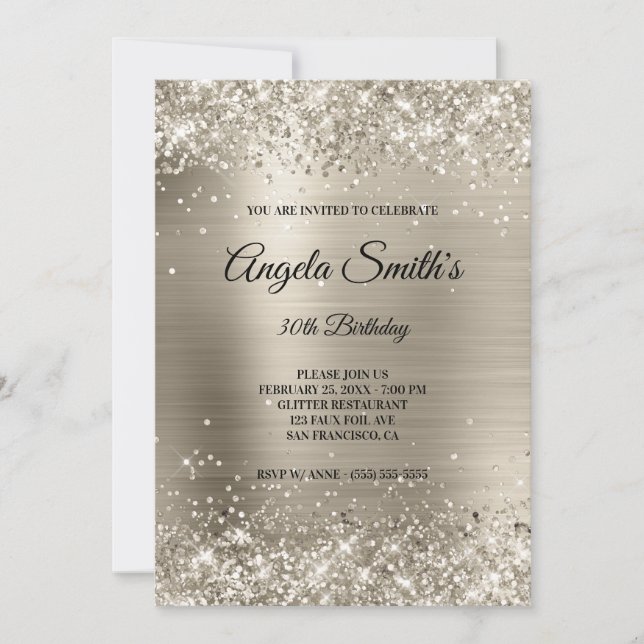 Invitación Faux Sparkly Platinum Purpurina Relieve metalizado (Anverso)