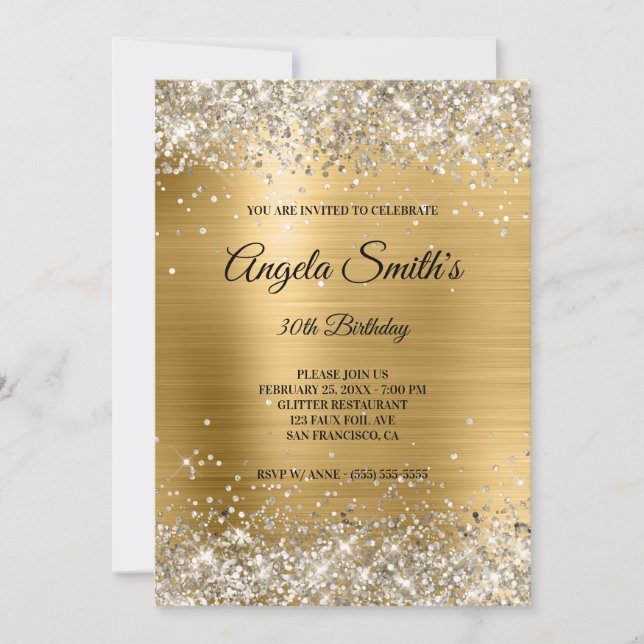 Invitación Faux Sparkly Platinum Purpurina Relieve metalizado (Anverso)