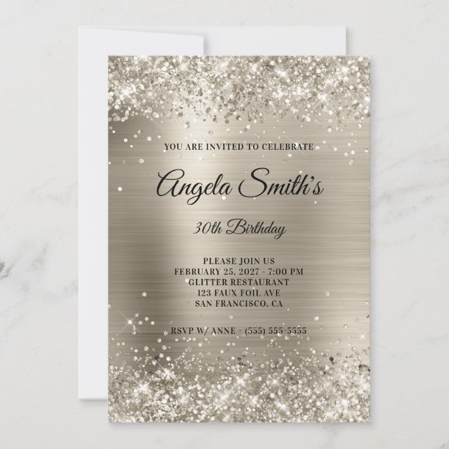 Invitación Faux Sparkly Platinum Purpurina Relieve metalizado (Anverso)
