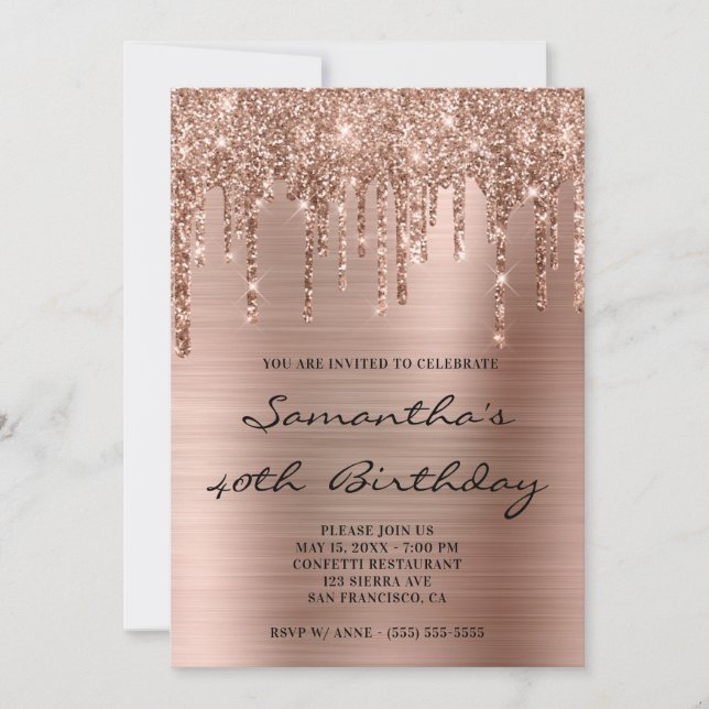 Invitación Faux Sparkly Rosa Gold Purpurina Dris Relieve meta (Anverso)