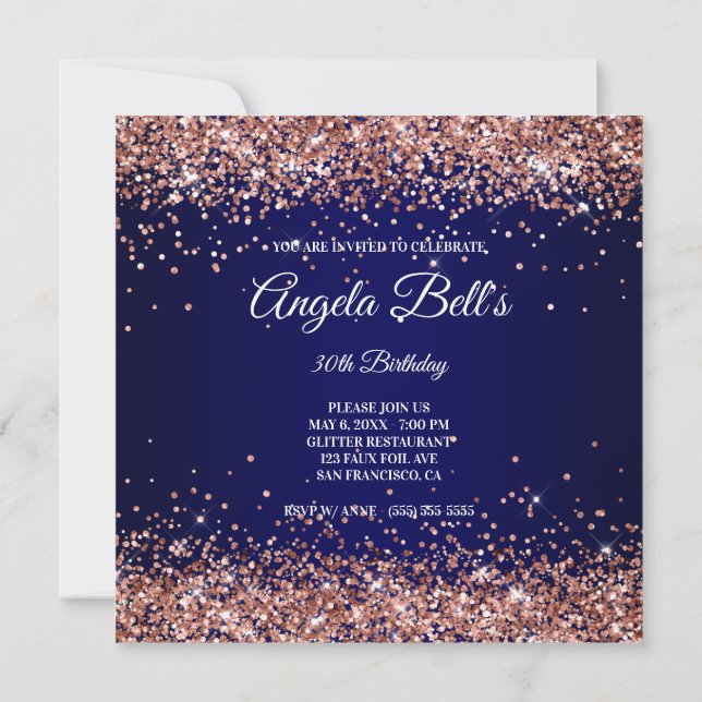 Invitación Faux Sparkly Rosa Purpurina de oro Marina Azul (Reverso)