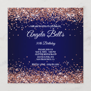 Invitación Faux Sparkly Rosa Purpurina de oro Marina Azul