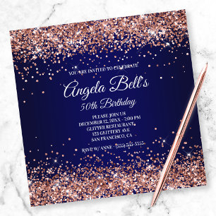 Invitación Faux Sparkly Rosa Purpurina de oro Monograma Naval