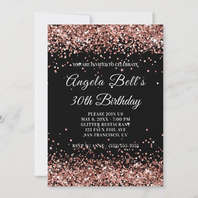 Invitación Faux Sparkly Rosa Purpurina de oro negro 30 cumple (Reverso)