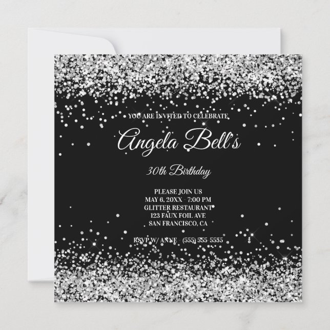 Invitación Faux Sparkly Silver Purpurina Black (Reverso)