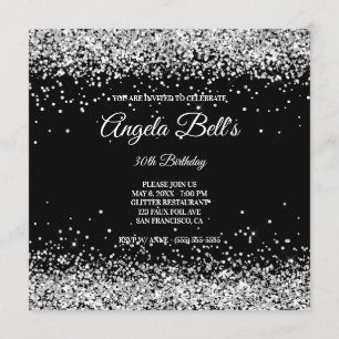 Invitación Faux Sparkly Silver Purpurina Black