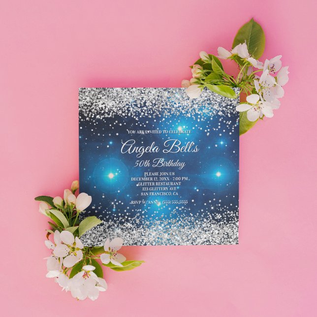 Invitación Faux Sparkly Silver Purpurina Celestial Blue (Create your own milestone birthday invitation for her.)