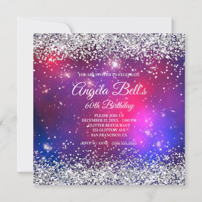 Invitación Faux Sparkly Silver Purpurina Celestial Hot Pink (Reverso)