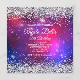Invitación Faux Sparkly Silver Purpurina Celestial Hot Pink