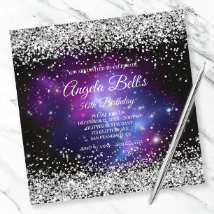 Invitación Faux Sparkly Silver Purpurina Celestial Purple
