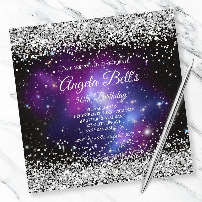 Invitación Faux Sparkly Silver Purpurina Celestial Purple (Subido por el creador)