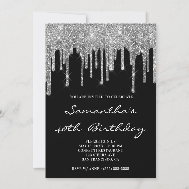 Invitación Faux Sparkly Silver Purpurina gotea negro cumpleañ (Anverso)