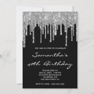 Invitación Faux Sparkly Silver Purpurina gotea negro cumpleañ