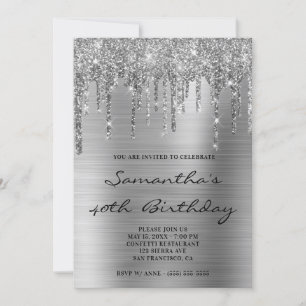Invitación Faux Sparkly Silver Purpurina gotea Relieve metali